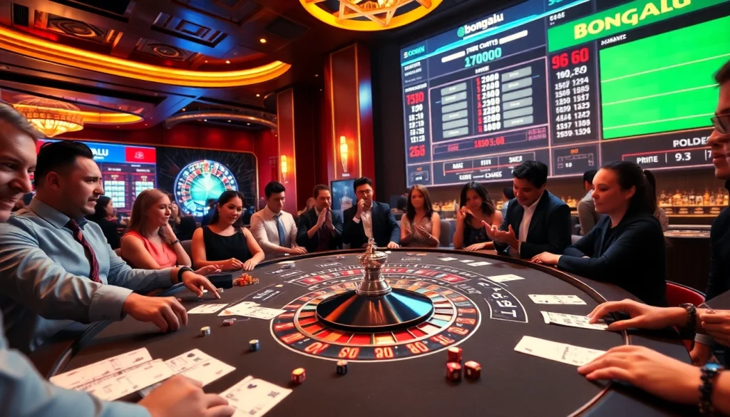 Bongdalu displaying live football scores amidst a vibrant casino scene with gambling tables and chips.