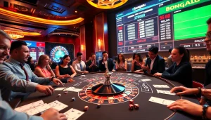 Bongdalu displaying live football scores amidst a vibrant casino scene with gambling tables and chips.