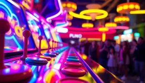 Demo plinko menarik dengan disk berwarna dan pegs cerah di latar belakang yang ramai.