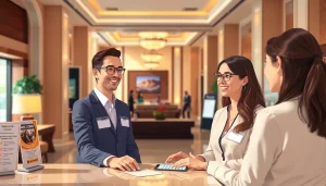 Engaging front desk training with a receptionist assisting a guest in a vibrant hotel lobby.