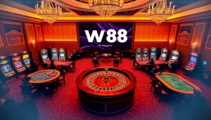 Experience the thrill of the casino with the vibrant W88 link represented in an elegant setting of gaming tables and slot machines.
