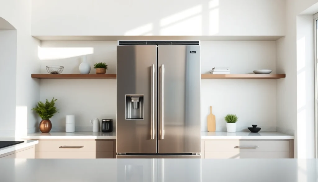 Showcasing a modern refrigerator in a stylish kitchen with bright lighting.