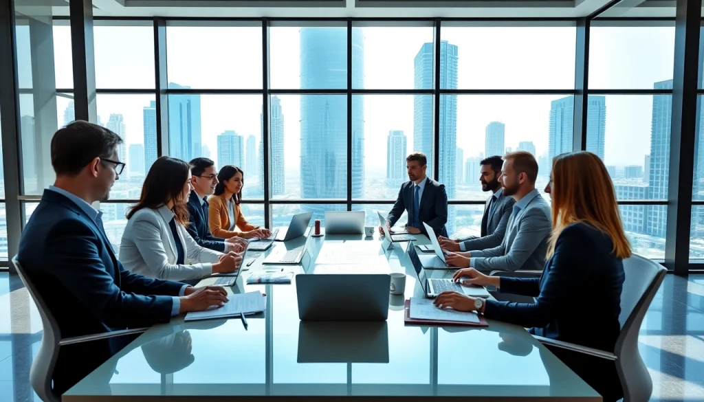 Business Consultants in Dubai collaborating in a modern office, brainstorming innovative strategies.