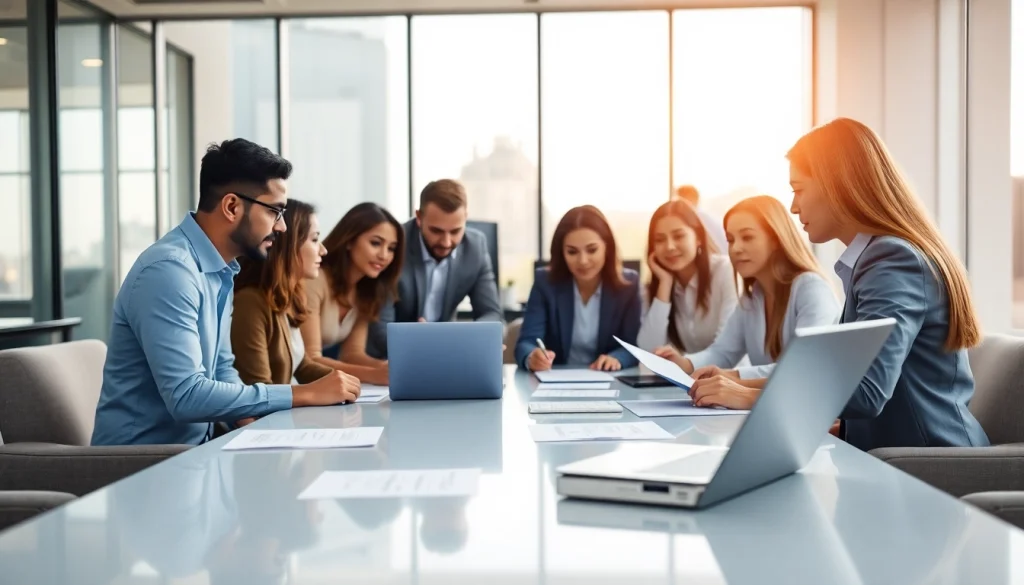 Professionals collaborating on Proposal Writing and Management in a modern office.