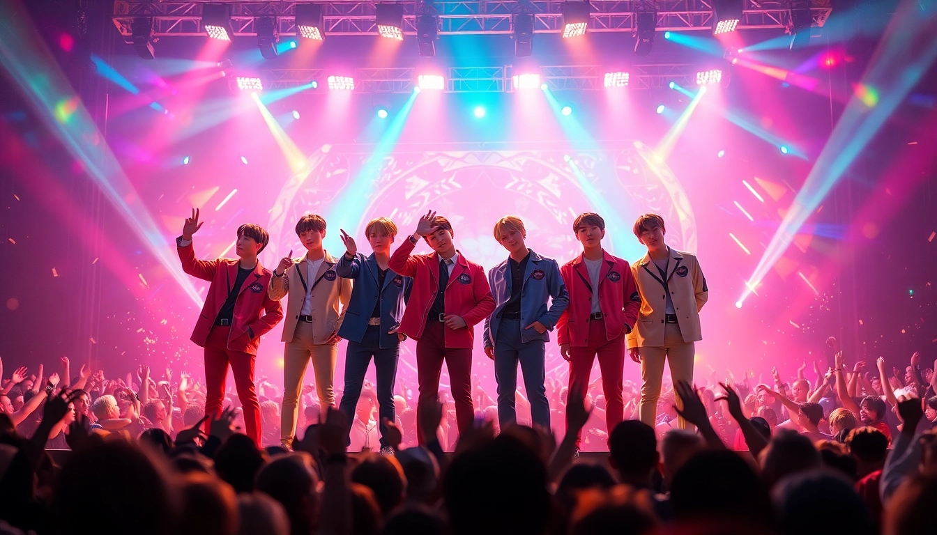 BTS news highlights the dynamic performance of the band on stage with vibrant colors.