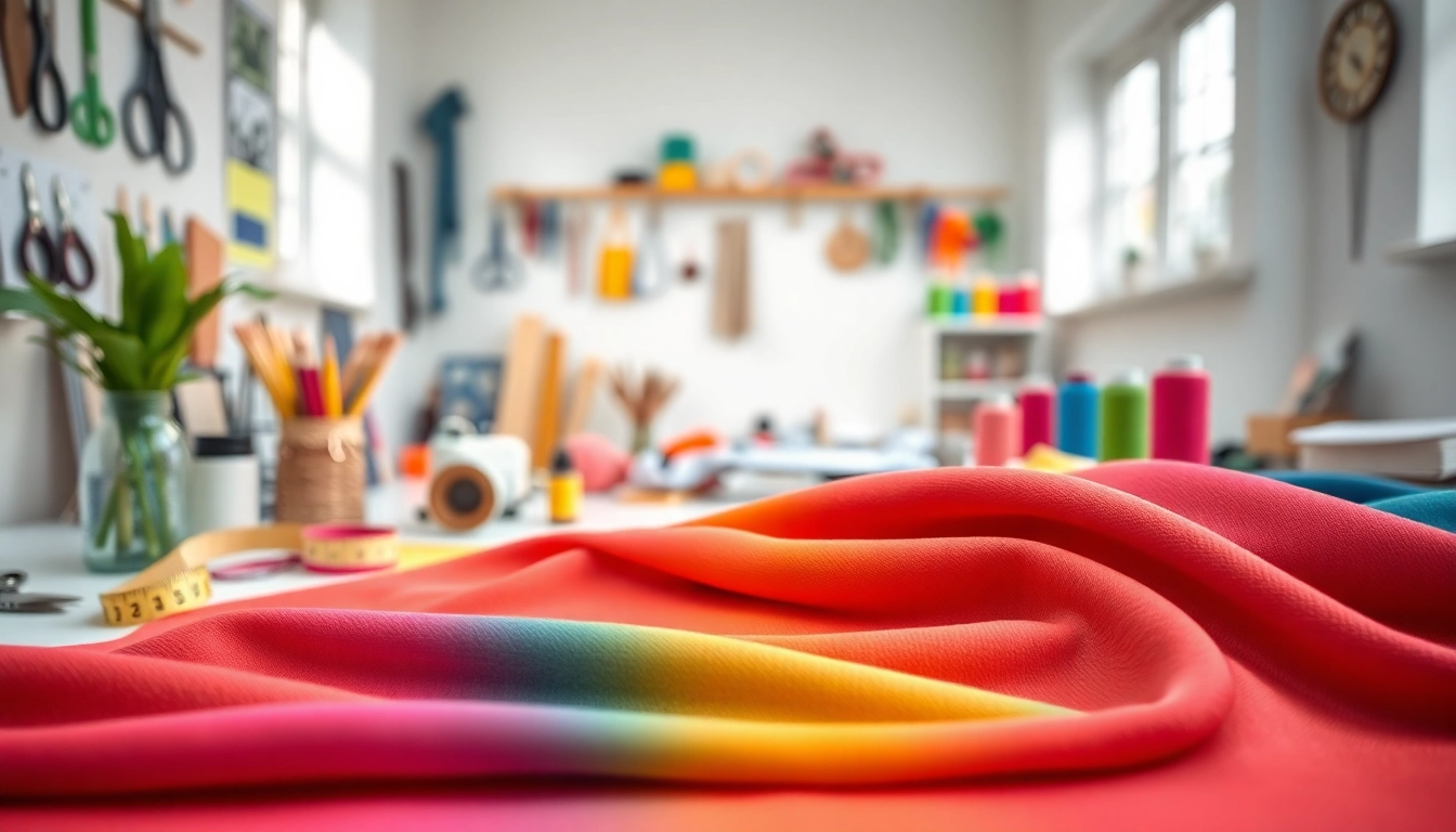 Bekijk stretch stof in een helder atelier met creatief naaigereedschap.