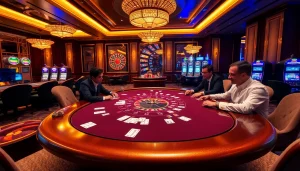 Players betting fiercely at a poker table in a luxurious casino at 98WIN.