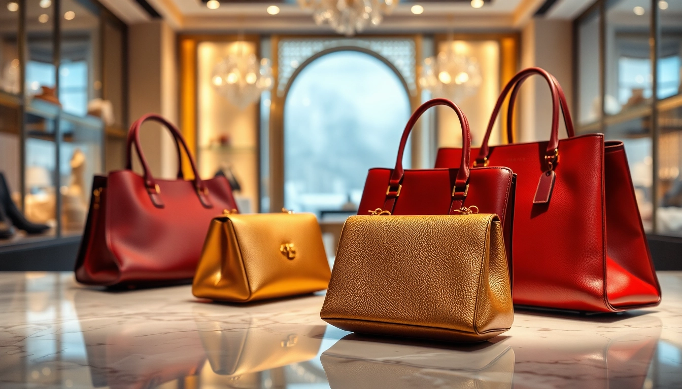 명품 이미테이션의 세련된 핸드백들을 섬세하게 전시한 사진입니다.