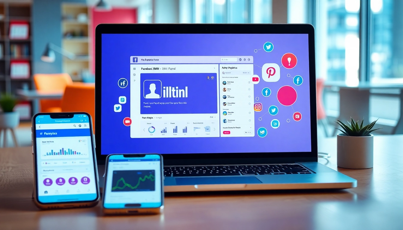 Visualizing the facebook smm panel with vibrant social media icons in a modern office.