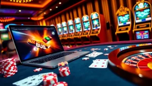 Engaging online gambling interface representing onicplay with poker chips and a roulette wheel.