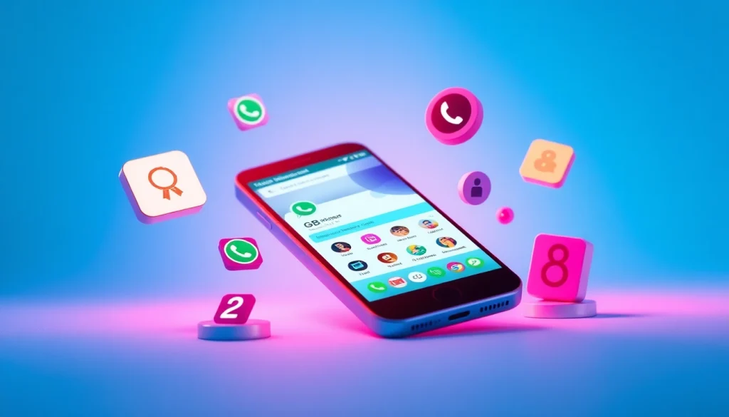 GB WhatsApp app interface showcasing vibrant themes and advanced features for enhanced messaging.