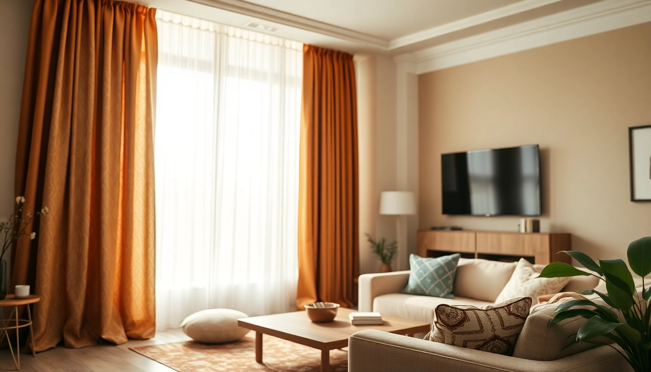 Bekijk stijlvolle verduisterende gordijnen in een moderne woonkamer met warme kleuren.