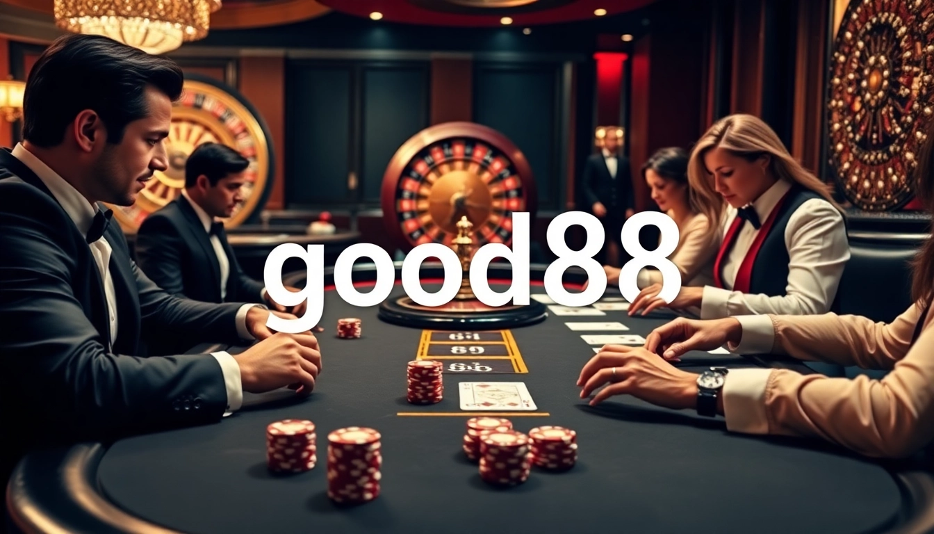 Good88 poker players engaged in a thrilling high-stakes game among luxurious casino elements.