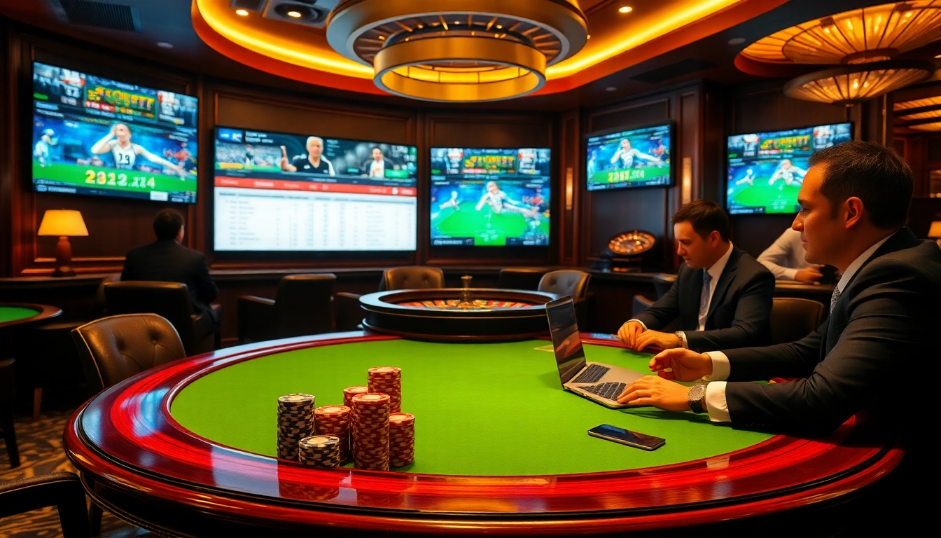 Experience sbobet online betting with vibrant casino visuals and professional players at a poker table.