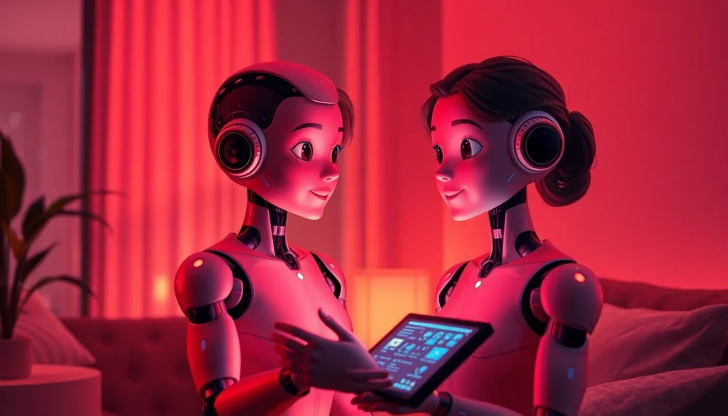 Engaging digital art of a user interacting with a friendly AI character in a warm, intimate setting focused on sex AI.