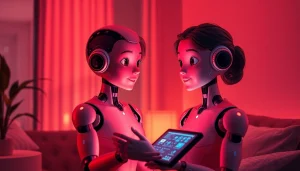 Engaging digital art of a user interacting with a friendly AI character in a warm, intimate setting focused on sex AI.