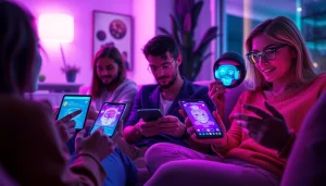 Interactive scene of users engaging with nsfw ai chatbots on modern devices.