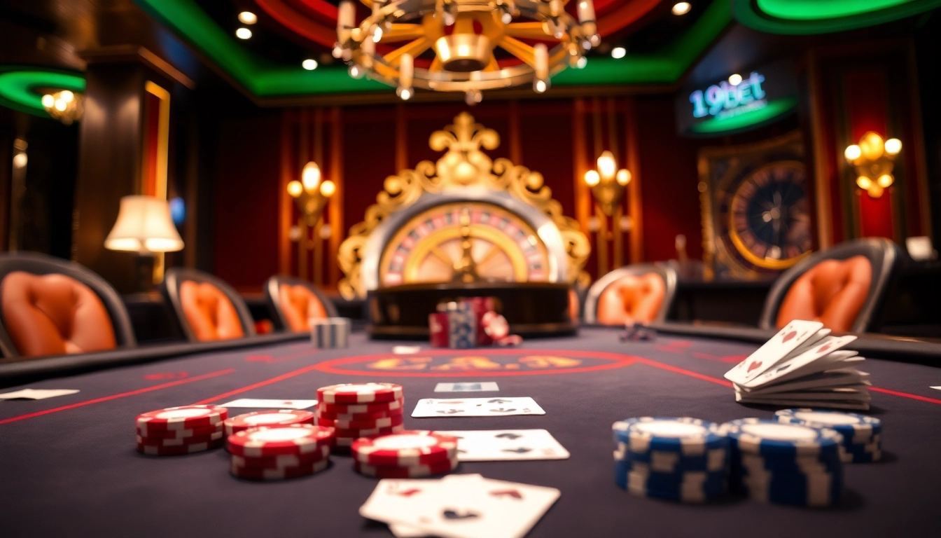 Experience the thrill of i9bet at a luxurious casino poker table with polished chips and cards.