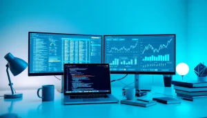 Web scrapping data analysis in a modern workspace with dual monitors showcasing Amazon price tracking.
