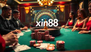 Engaging scene of high-stakes gaming at Xin88 casino, showcasing poker chips and cards.