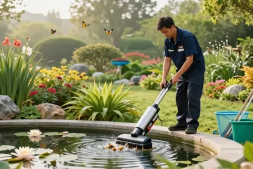 Professional Pond Cleaning Kent in action, pond technician cleaning a garden pond with aquatic plants.