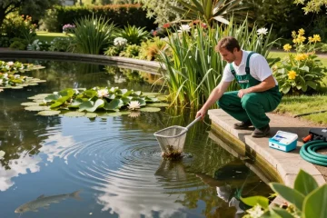 Professional Pond Cleaning Kent service in action by a serene pond, showcasing maintenance and care.