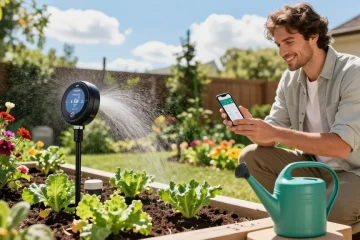 Gardener using RainPoint wifi water timer in sunny garden for efficient plant watering