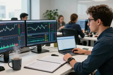 Trader using mt4 for forex analysis in a modern office setup.