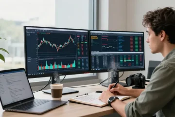 Trader using MetaTrader 5 in modern workspace analyzing market strategies and trades.