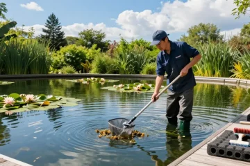 Pond Cleaning Kent expert removing debris from a tranquil pond, surrounded by lush greenery.