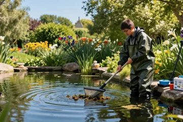 Pond Cleaning Kent professional removing debris from a tranquil pond surrounded by greenery.