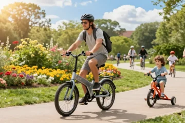 Active adult enjoying the best electric tricycles in a sunny park with family.