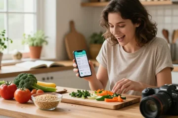 Healthy cooking with the best weight loss app displayed on smartphone in a cozy kitchen.