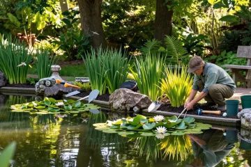 Pond plants thriving in a tranquil garden pond setting with vibrant colors and lush greenery.